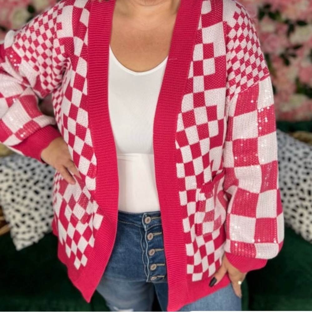White Birch Pink Checkered Sweater cardigan size XL